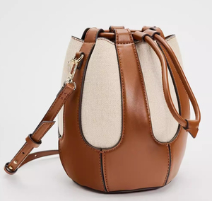 Leather Bucket <b>Bag</b> Women's Tan Beige <b>Canvas</b> <b>Drawstring</b> Crossbody Soft Minimalist Style All Seasons - Product Image 1