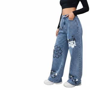 Pantalones Vaqueros de Cintura Alta y Pierna Ancha con Graffiti Dibujado a Mano y Apliques de Flores, Estilo Urbano, Jeans de Algodón para Primavera - Product Image 3