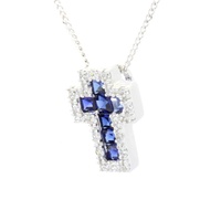 Collier Croix Religieuse Classique en Argent Sterling Plaqué Rhodium Fait Sur Mesure avec Zircon Bleu pour Mariage Anniversaire Fête