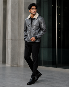 Veste en cuir PU pour homme avec col en fausse fourrure, fermeture éclair, vêtement d'hiver, coupe classique, couleur unie - Product Image 5