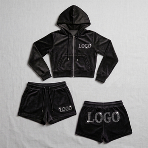 2024 Velvet Custom Logo Casual Eco-Friendly Breathable Two-Piece Women's Sweatsuit Hoodies Crop <b>Track</b> Pants Solid Matched 100% - Product Image 3