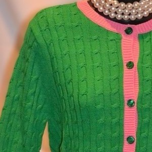Cardigan en tricot vert pour femme, manches longues, col rond, boutonné, couleur unie, style preppy, épais, en acrylique, double boutonnage, vintage - Product Image 3