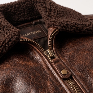 Veste en simili cuir marron pour homme, col en fourrure, poignets en tricot côtelé, poches à rabat, fermeture éclair sur le devant, fabrication sur mesure OEM ODM, vente en gros - Product Image 5