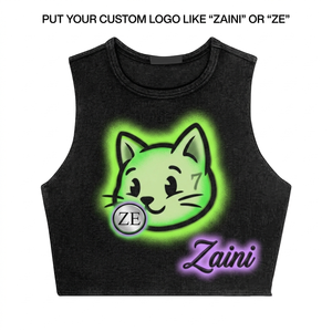260 GSM Soft Cotton Rich Women Crop <b>Top</b> T Shirt Black Sleeveless Glow Cat Artwork DTG Print Custom Puff Print Embroidery Logo - Product Image 1