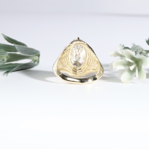 Oval Cut Crystal Diamond Secured By Discrete Prongs Within Heavily Grooved Textured Classic <b>Dome</b> Solitaire Wedding Band Jewelry - Product Image 3