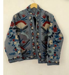 Hand Embroidered Floral <b>Mandarin</b> <b>Collar</b> <b>Jacket</b> Women's Cotton Woven Spring Full Sleeve Regular Length Suzani Embroidered Cotton - Product Image 1