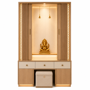 Mandir Tradicional de Madera Rectangular de Lujo para el Hogar, con Luces LED, Puertas de Vidrio Acanalado, Cajones de Almacenamiento, Taburete para Sentarse, Mandir para Pooja - Product Image 4