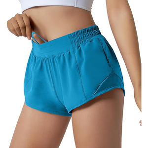 Teal Blue Women Gym Shorts High Waist Polyester Workout Shorts Side Zipper Pocket Hidden <b>Drawstring</b> Breathable Yoga Shorts - Product Image 1
