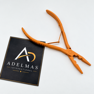 Pince à extensions de cheveux en acier inoxydable de qualité supérieure, professionnelle, personnalisée, orange mat, 7 pouces de long, deux trous, micro-perles. - Product Image 3