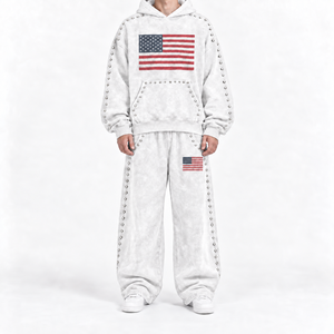 Streetwear Tracksuit Set Hooded Sweatshirt and Sweatpants with American Flag Print and <b>Stud</b> Details White track suit - Product Image 1