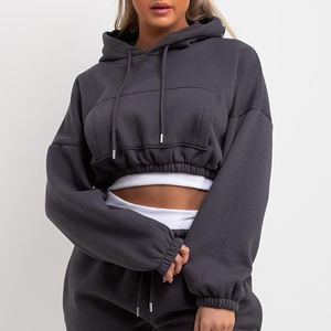 Women's Solid Cropped <b>Hoodie</b> Sweatshirt <b>Oversized</b> Drop-Shoulder Fleece Activewear <b>Lounge</b> Set Autumn Wear - Product Image 1