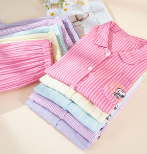 Pijamas de Algodón a Rayas para Mujer, Manga Larga, Bordadas, Ropa de Dormir Informal, Cuello Camisero, Cierre de Botones - Product Image 5