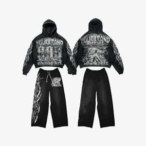 500 GSM Sweat suit made in French Terry Men Distressed and Rhinestones Heavy Weight <b>Thick</b> <b>Fleece</b> Cotton Oversized Tracksuits - Product Image 1
