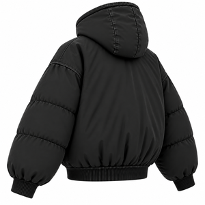 Blouson d'hiver matelassé personnalisé pour femme en polaire épaisse délavée à l'acide, avec capuche zippée, épaules tombantes, couleur unie et logo frontal - Product Image 4