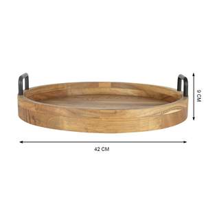 Plateau de service rond en bois de qualité supérieure, avec poignée en fer noir, décoratif, portable, écologique, idéal pour la restauration - Product Image 2