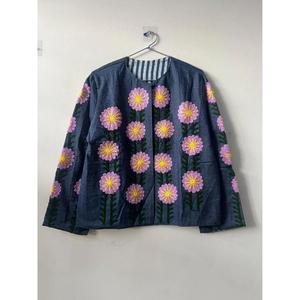 Handmade Denim Suzani Short Boho Embroidered Reversible Eco-Friendly Autumn Cotton Festival <b>Duster</b> Jacket Gift Her - Product Image 1