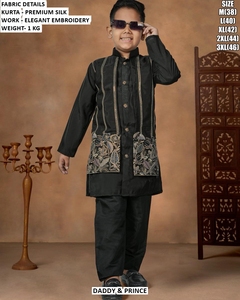 DADDY & PRINCE Boys <b>Black</b> Silk <b>Kurta</b> With Elegant Embroidery Ankle-Length Traditional Wear <b>For</b> Wedding All Seasons - Product Image 1