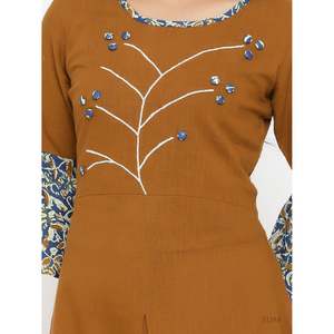 Women's Brown Cotton Blend Embroidered A-Line Kurta Bell Sleeves Neck Summer Ethnic Casual Wear Customized Logo Recycled - Product Image 3