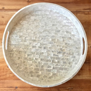 Premium Tiles Pattern <b>White</b> Mother Of Pearl <b>Round</b> Serving Tray With Handles For Kitchen And <b>Dining</b> Tabletop Decor Wholesale - Product Image 1