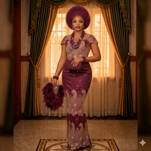 Robe George Lace rouge rubis taille moyenne SRT avec Gele |   Tenue de fête de mariage nigériane de luxe Aso Ebi pour femmes - Product Image 5