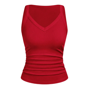Camiseta sin mangas Modu para mujer, con cuello en V, ajustada, elástica, de punto suave, informal, transpirable, color rojo, a la moda - Product Image 3