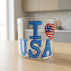 Pot en verre peint à la main « I Love USA », parfait pour un rangement décoratif ou une présentation patriotique. Pot à bougie en verre peint à la main. - Product Image 1