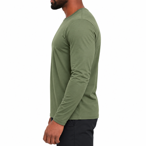Camiseta de manga larga verde oliva sólida personalizada para hombre, cuello redondo, informal, lisa, de algodón y poliéster de primera calidad. - Product Image 2