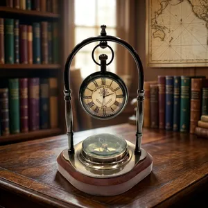 Nautical <b>Art</b> Antique Brass Table <b>Clock</b> Compass Style Maritime Ship Desk <b>Clock</b> for Home Office Decor - Product Image 5