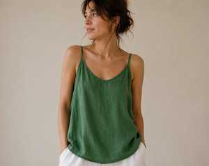 Débardeur en coton vert pour femme, col rond, style minimaliste, respirant, tissé, couleur unie, vêtement décontracté - Product Image 6