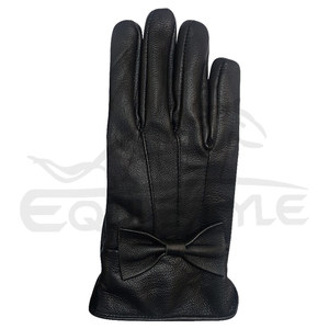 Black Leather Winter Gloves <b>Wool</b> Lined Womens Bow Cuff Gloves for Daily Outdoor Wear Custom Logo OEM Leather Gloves - Product Image 3