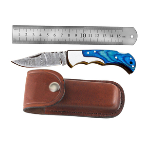 Cuchillo de Acero de Damasco Premium con Punta Caída y Mango Azul, Cuchillo Utilitario para Exteriores con Funda de Cuero, Herramienta de Corte Compacta - Product Image 2