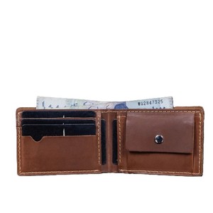 <b>Men</b> <b>Bifold</b> <b>Wallet</b> <b>Leather</b> Cash Billfold Chocolate Brown Contrast Stitching Custom Logo Pocket Snap Button Coin Purse Card Slots - Product Image 2