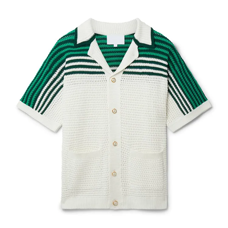 Cardigan en tricot de coton pour hommes à la mode personnalisé vert et blanc avec poches Short à manches courtes Chemise en tricot pour hommes