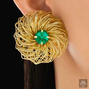 PRAO Fine <b>Stud</b> <b>Earrings</b> Anti-Tarnish Golden Nest <b>Emerald</b> Elegant and Luxurious Style - Product Image 4
