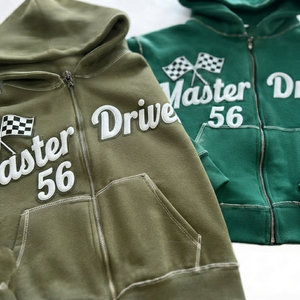 Men Zip Hoodie Vintage Racing <b>Jacket</b> Oversized Streetwear Green Cartoon Embroidered Heavyweight <b>Fleece</b> Full Zip Sweatshirt 100% - Product Image 5