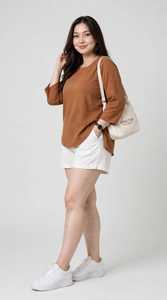Oneten <b>Women</b> Casual Solid Brown Crew Neck Top And <b>White</b> <b>Shorts</b> Set 2 Piece Loose Fit Outfit - Product Image 3