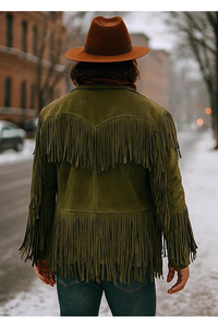 Men's Olive <b>Fringe</b> <b>Jacket</b> With Turn-down Collar Single Breasted Casual Winter Wear - Product Image 6