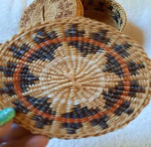 Handcrafted round natural rattan <b>drink</b> <b>coasters</b> with blue floral porcelain center insert, available at wholesale prices. - Product Image 6