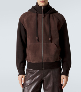 Chaqueta Bomber con Capucha de Gamuza Marrón para Hombre, con Cierre de Cremallera y Mangas Tejidas, Ropa Casual de Otoño, Diseño Casual Elegante - Product Image 4