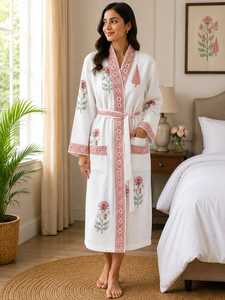 Bata de Baño Maxi Blanca de Verano con Bordado Floral, Transpirable, 100% Algodón Waffle, Cuello en V, con Cinturón, Ropa Casual para el Hogar - Product Image 2