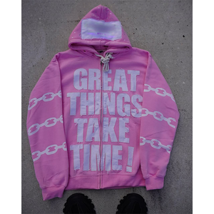 Sweat à capuche brodé avec appliques personnalisées Veste zippée en strass Lavage à l'acide Vintage Washed Men Fleece Streetwear Hoodie - Product Image 5