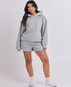Ensemble 2 pièces hiver femme : sweat à capuche et short gris en polaire, coupe décontractée, couleur unie, haut long, longueur genou, pour le quotidien et le streetwear - Product Image 4
