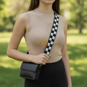 Bandoulière de sac à main amovible et réglable en toile de polyester brodée de perles à carreaux noirs et blancs, fournisseur de quincaillerie personnalisée - Product Image 2