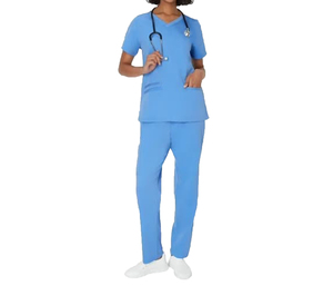 Ensemble de tenue médicale décontractée pour femmes, bleu clair, col en V, manches courtes, en tricot élasthanne, avec pantalon, pour détection d'aiguilles - Product Image 1