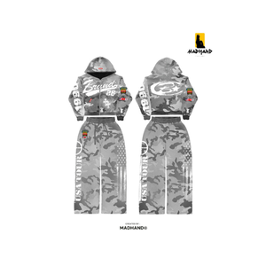 Custom Full Print Camo Tracksuit | <b>Studded</b> Zip Up Hoodie & Wide Leg Pants | OEM Streetwear Style Fleece Set Manufacturer - Product Image 1