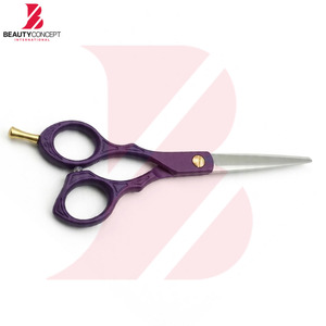 Ciseaux de barbier professionnels en acier inoxydable avec manche en plastique texturé violet et vis de tension dorée - Product Image 4