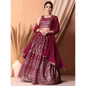 Stunning Dark Pink <b>Sequins</b> Georgette Lehenga Choli with Dupatta for Wedding - Product Image 1