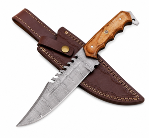 Cuchillo Bowie de Caza de Acero de Damasco con Mango de Madera, Hoja Serrada de Punta Caída, Funda de Cuero Personalizada, Grado DIY - Product Image 1