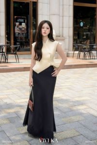 Women <b>Black</b> High Waist Off White Lace Trim Mermaid <b>Maxi</b> <b>Skirt</b> Elegant Solid Long Bottoms Office Skikrrt VANESSA - Product Image 2