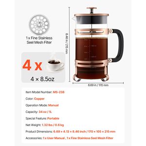 Cafetière à piston en verre borosilicate de 34 onces (1 litre) avec filtre en acier inoxydable, grande théière en verre pour le thé - Product Image 3